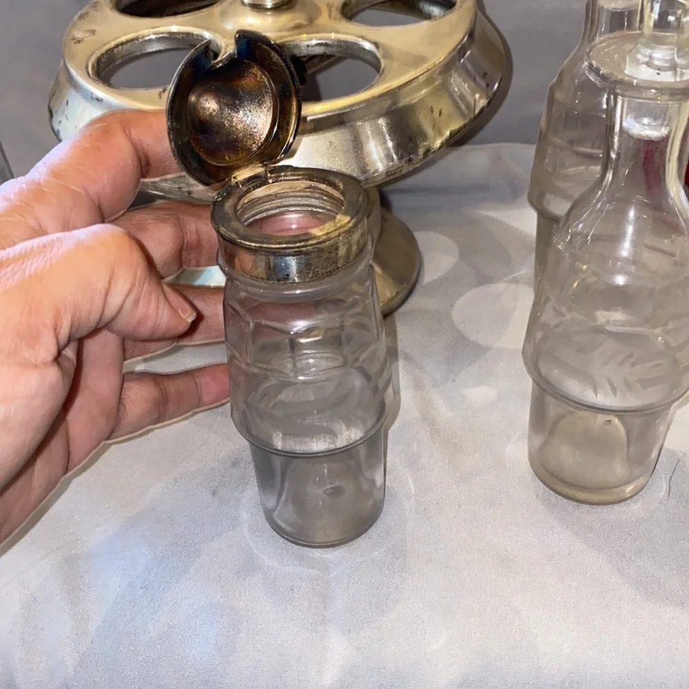 Bx47 5 pc James W Tufts #2928 Antique Castor Cruet Set with (5) frosted bottles